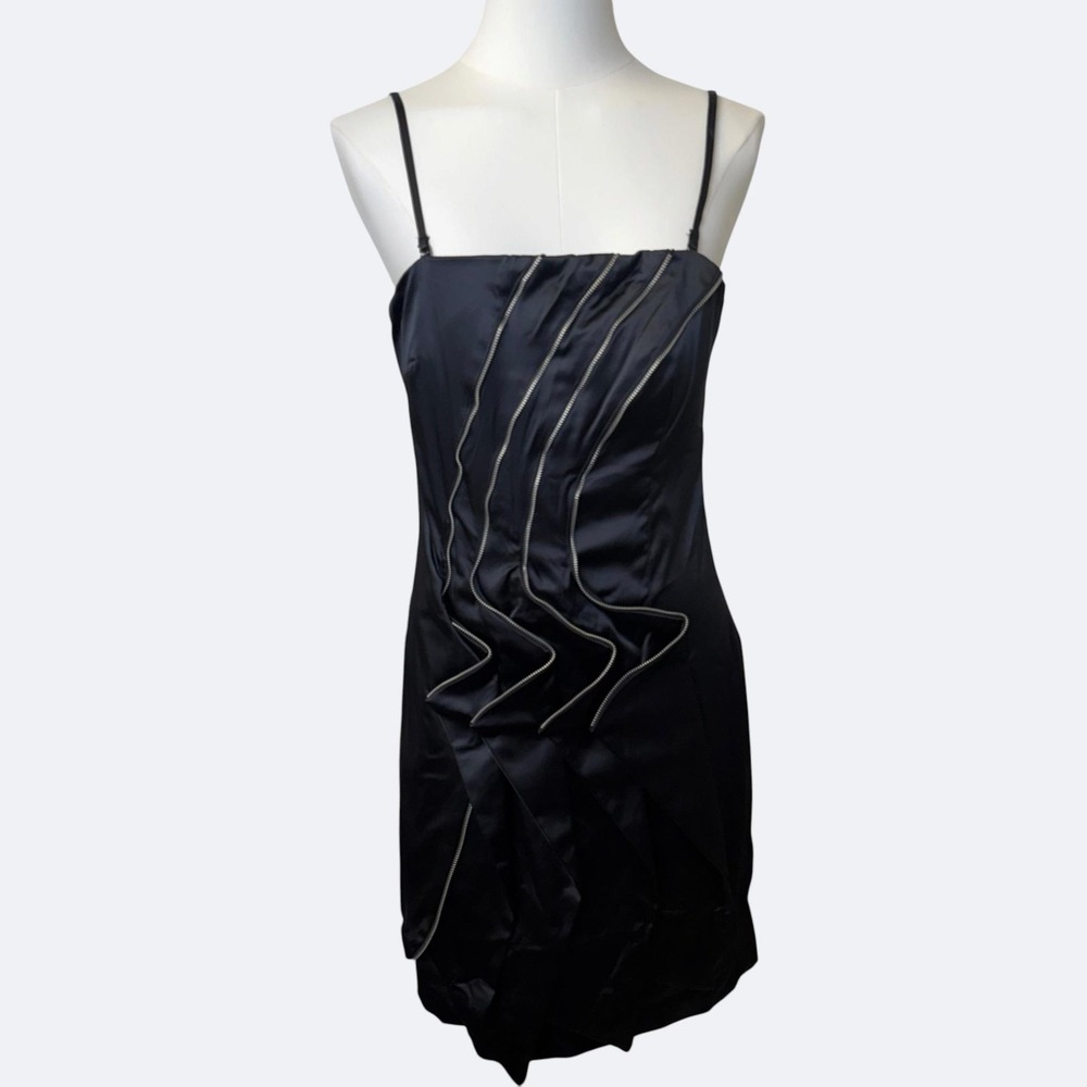 Lucy Paris Dress Womens M Black Satin Sheath Mini Zip Ruffle Party Cocktail NWT